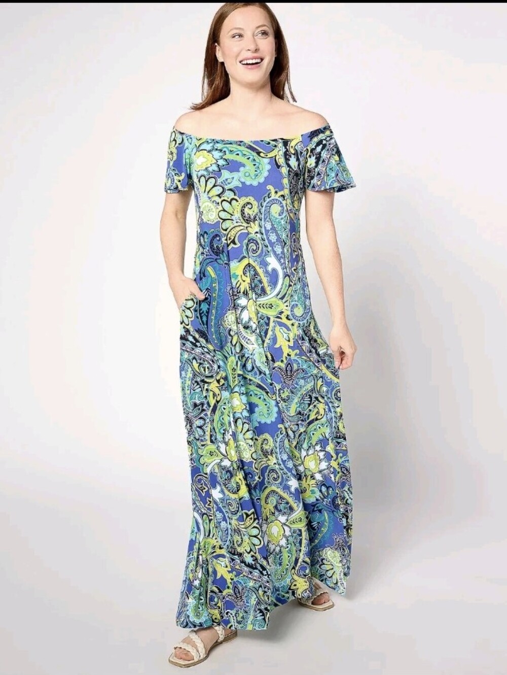 Attitudes by Renee Como Jersey Flutter Sleeve Maxi Dress Paisley Voyage Size 3XP